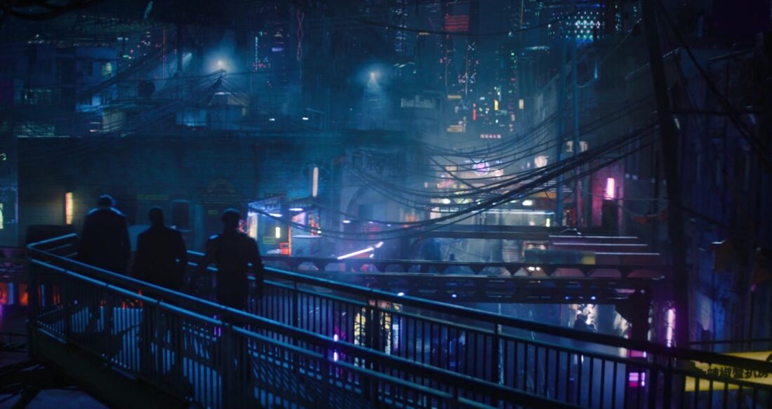 Bucky, Sam, and Zemo walking across a bridge in Madripoor, from The Falcon and the Winter Solider, "Power Broker" 